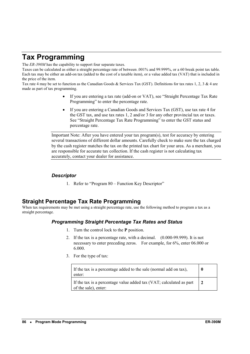 Tax programming, Straight percentage tax rate programming | Sam4s ER-390M User Manual | Page 94 / 187