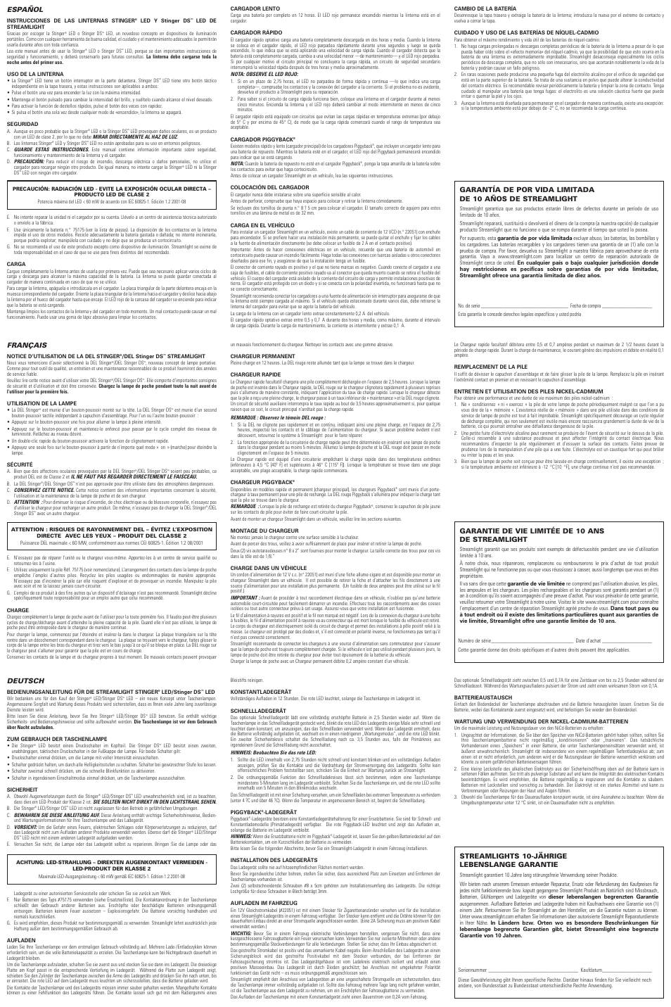 Español, Français, Deutsch | StreamLight STINGER 757055 User Manual | Page 2 / 2