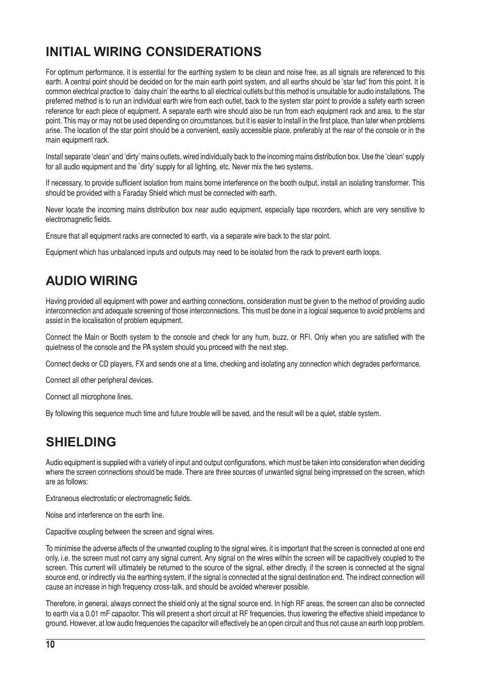 Initial wiring considerations, Audio wiring, Shielding | SoundCraft UREI 1601S User Manual | Page 10 / 44