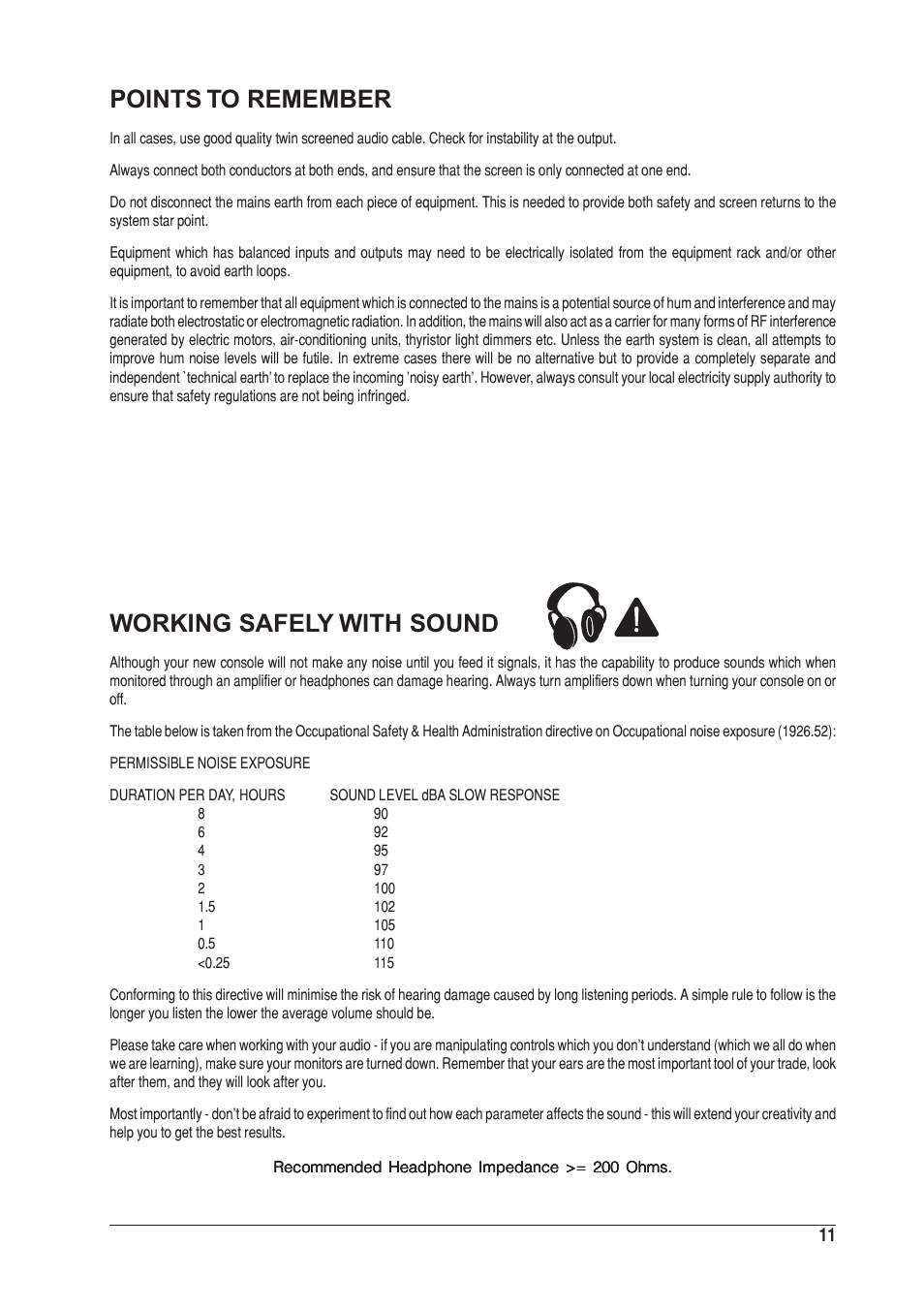 Points to remember, Working safely with sound | SoundCraft UREI 1601S User Manual | Page 11 / 44