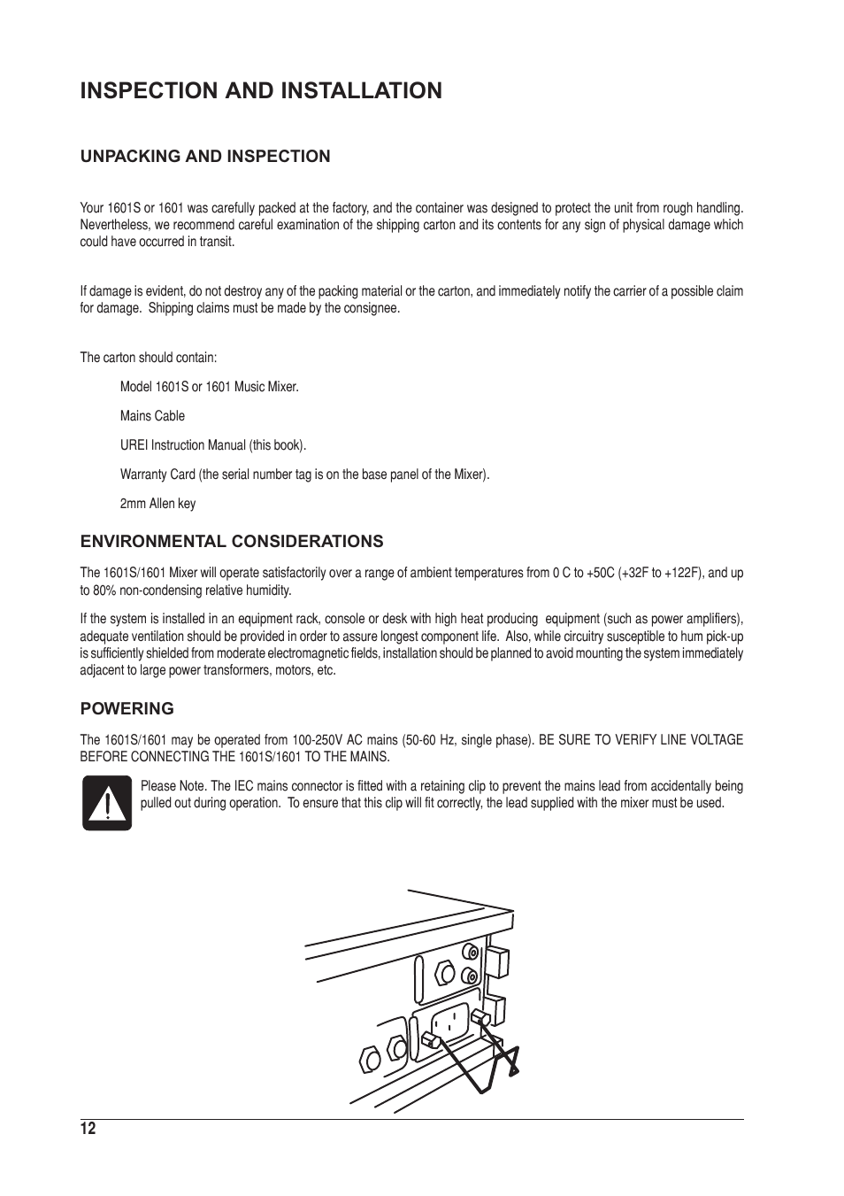 Inspection and installation | SoundCraft UREI 1601S User Manual | Page 12 / 44