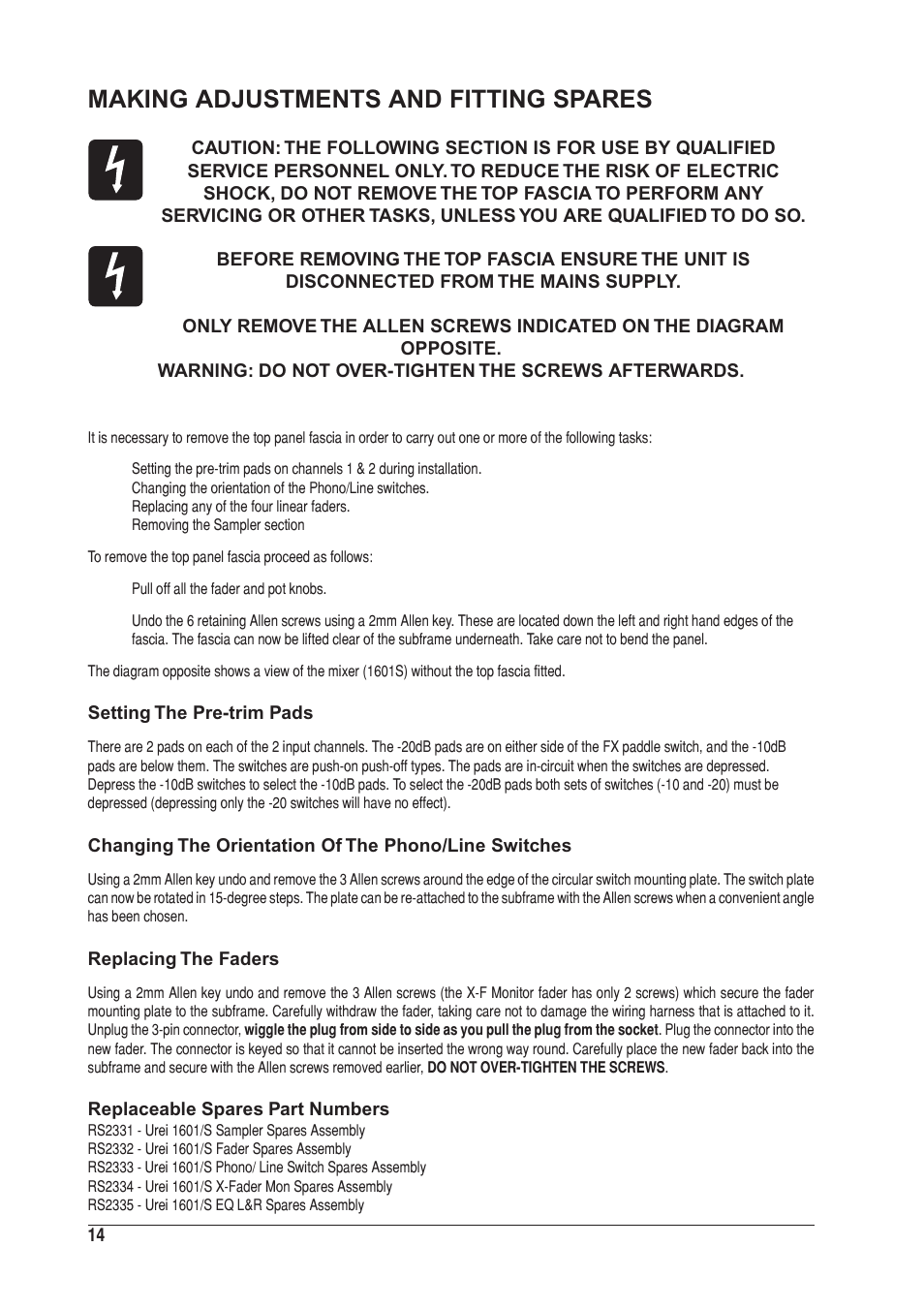 Making adjustments and fitting spares | SoundCraft UREI 1601S User Manual | Page 14 / 44