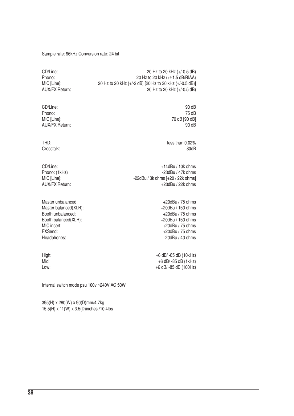 Specifica, Specifica specifications tions tions tions tions | SoundCraft UREI 1601S User Manual | Page 38 / 44