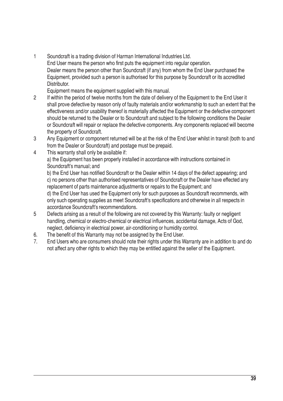 Warranty | SoundCraft UREI 1601S User Manual | Page 39 / 44