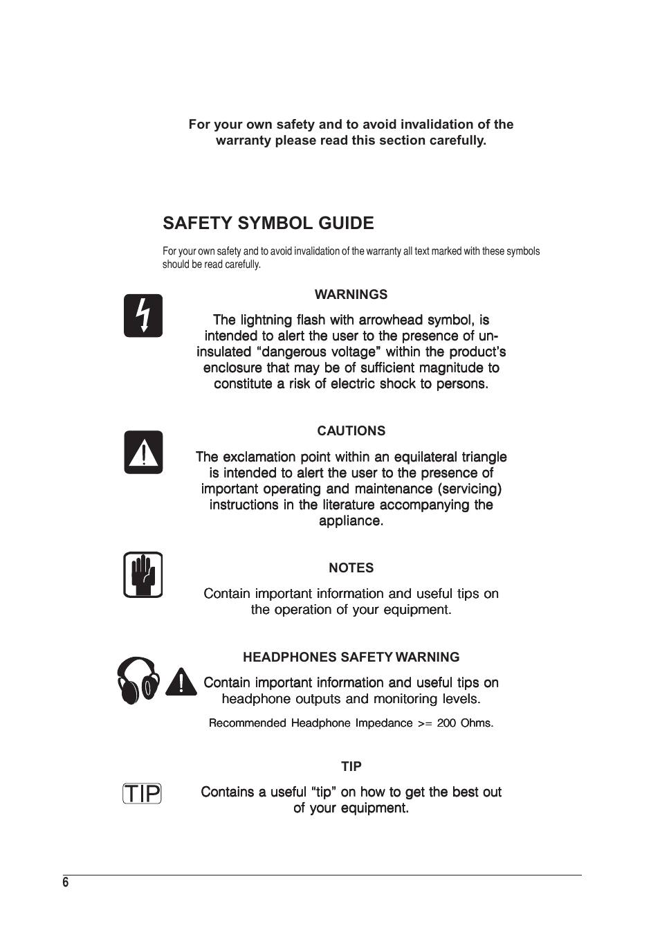 Safety symbol guide | SoundCraft UREI 1601S User Manual | Page 6 / 44