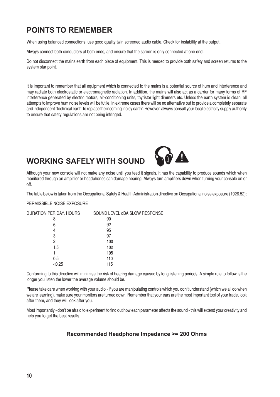 Points to remember, Working safely with sound | SoundCraft UREI  1603 User Manual | Page 10 / 32