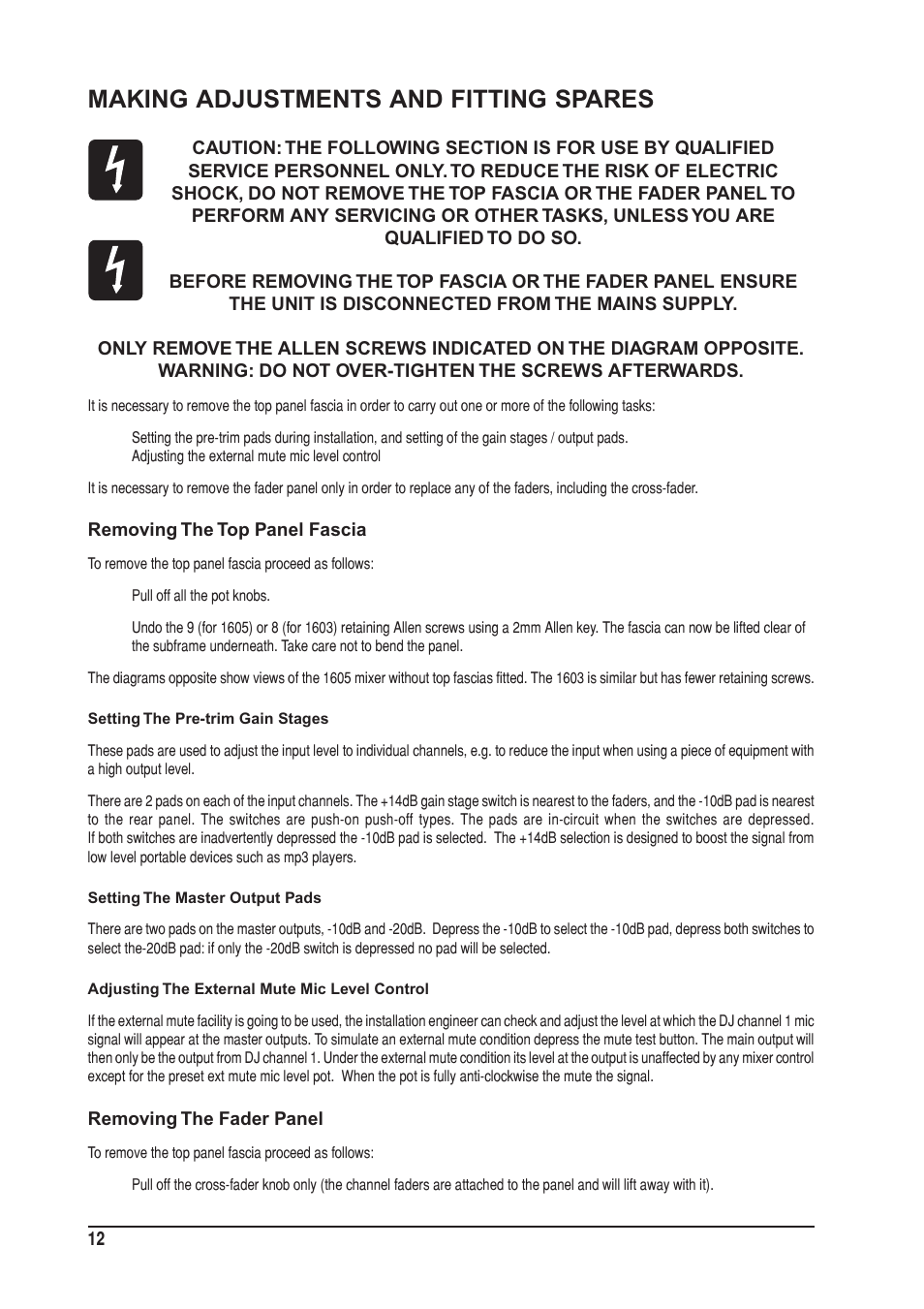 Making adjustments and fitting spares | SoundCraft UREI  1603 User Manual | Page 12 / 32