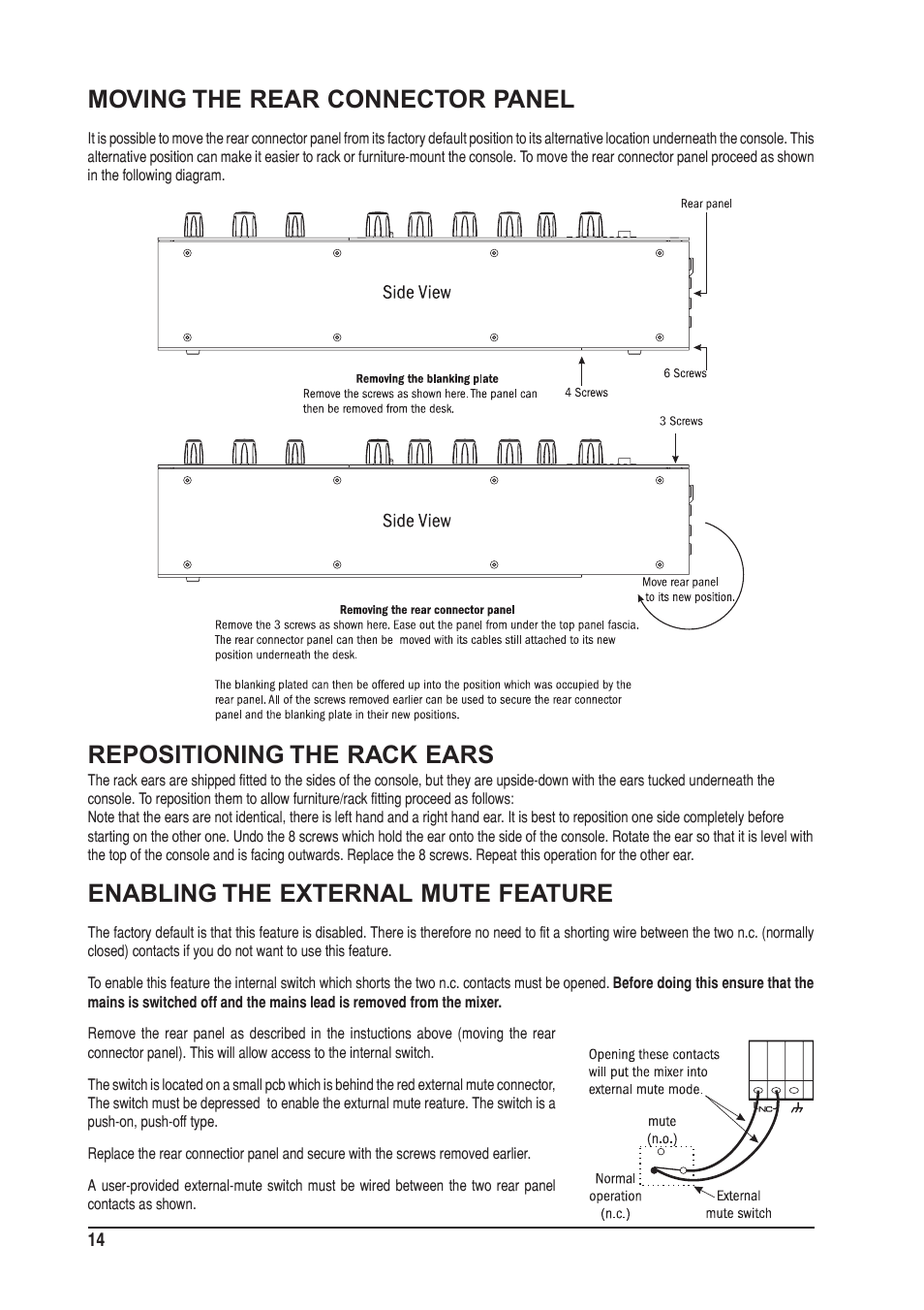 Enabling the external mute feature, Moving the rear connector panel, Repositioning the rack ears | SoundCraft UREI  1603 User Manual | Page 14 / 32