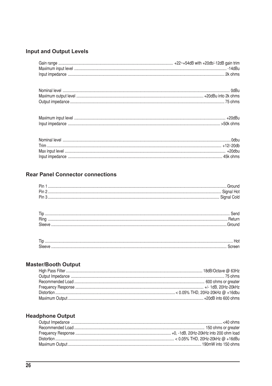 Specifica, Specifica specifications tions tions tions tions | SoundCraft UREI  1603 User Manual | Page 26 / 32