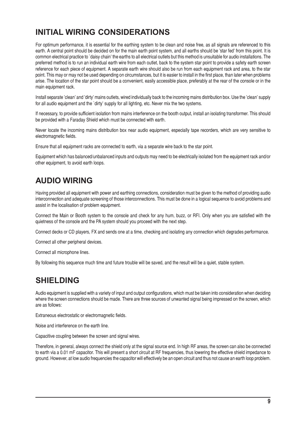 Initial wiring considerations, Audio wiring, Shielding | SoundCraft UREI  1603 User Manual | Page 9 / 32