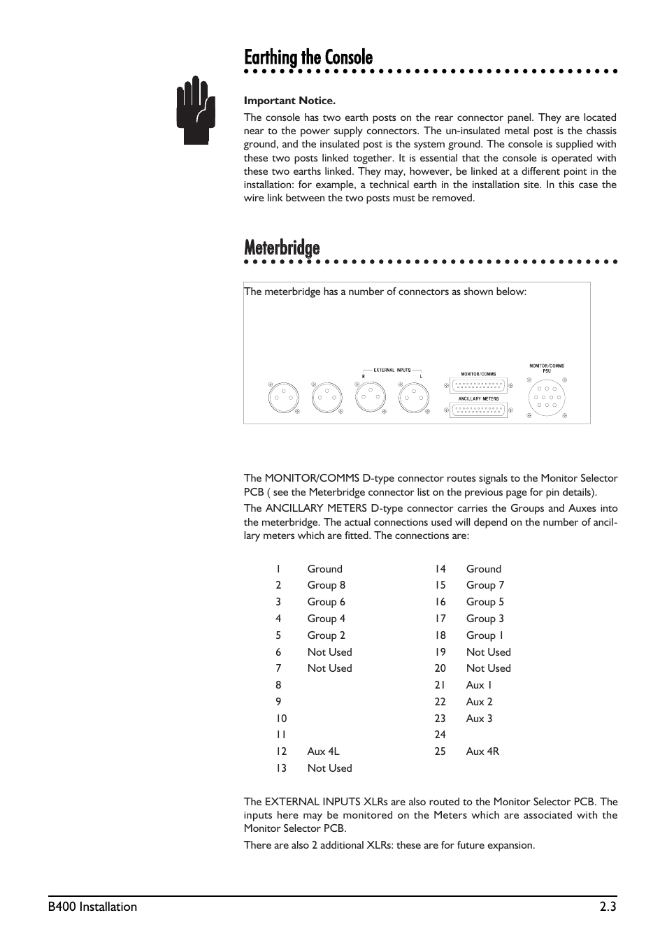 Eeaarrtthhiinngg tthhee ccoonnssoollee, Mmeetteerrbbrriiddggee | SoundCraft B400 User Manual | Page 11 / 60