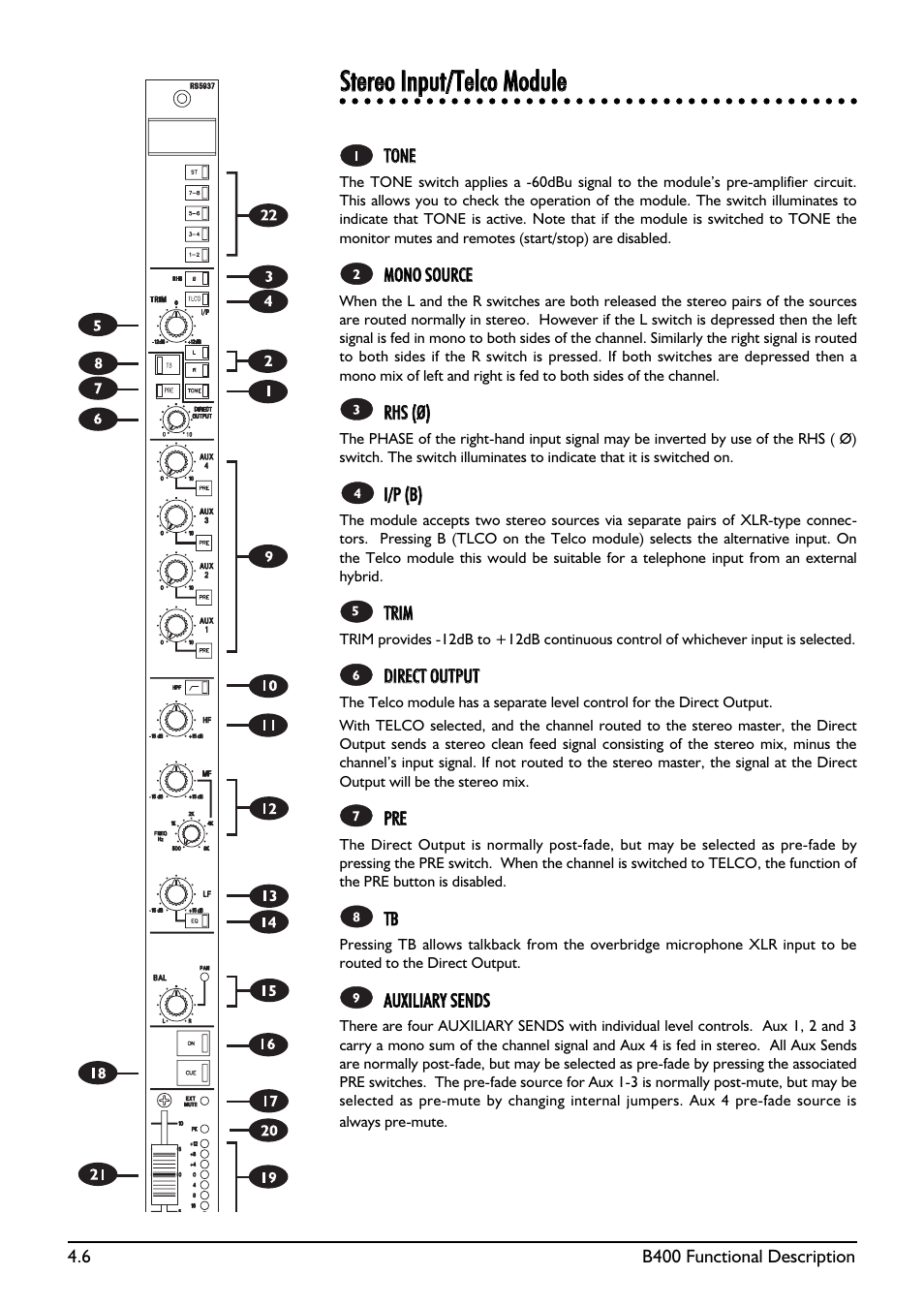 Sstteerreeoo iinnppuutt//tteellccoo mmoodduullee | SoundCraft B400 User Manual | Page 34 / 60