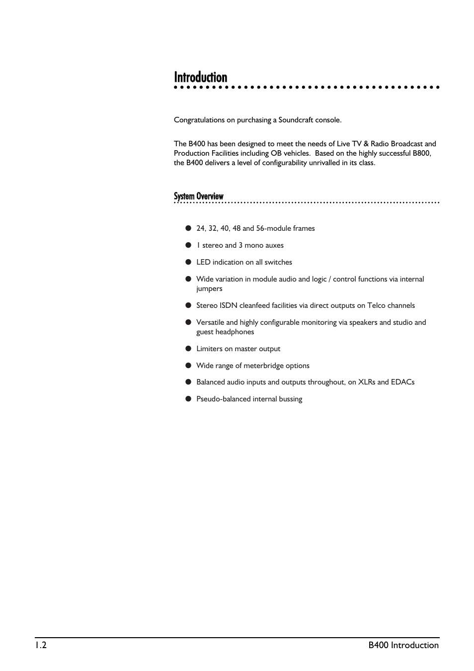 Iinnttrroodduuccttiioonn | SoundCraft B400 User Manual | Page 6 / 60