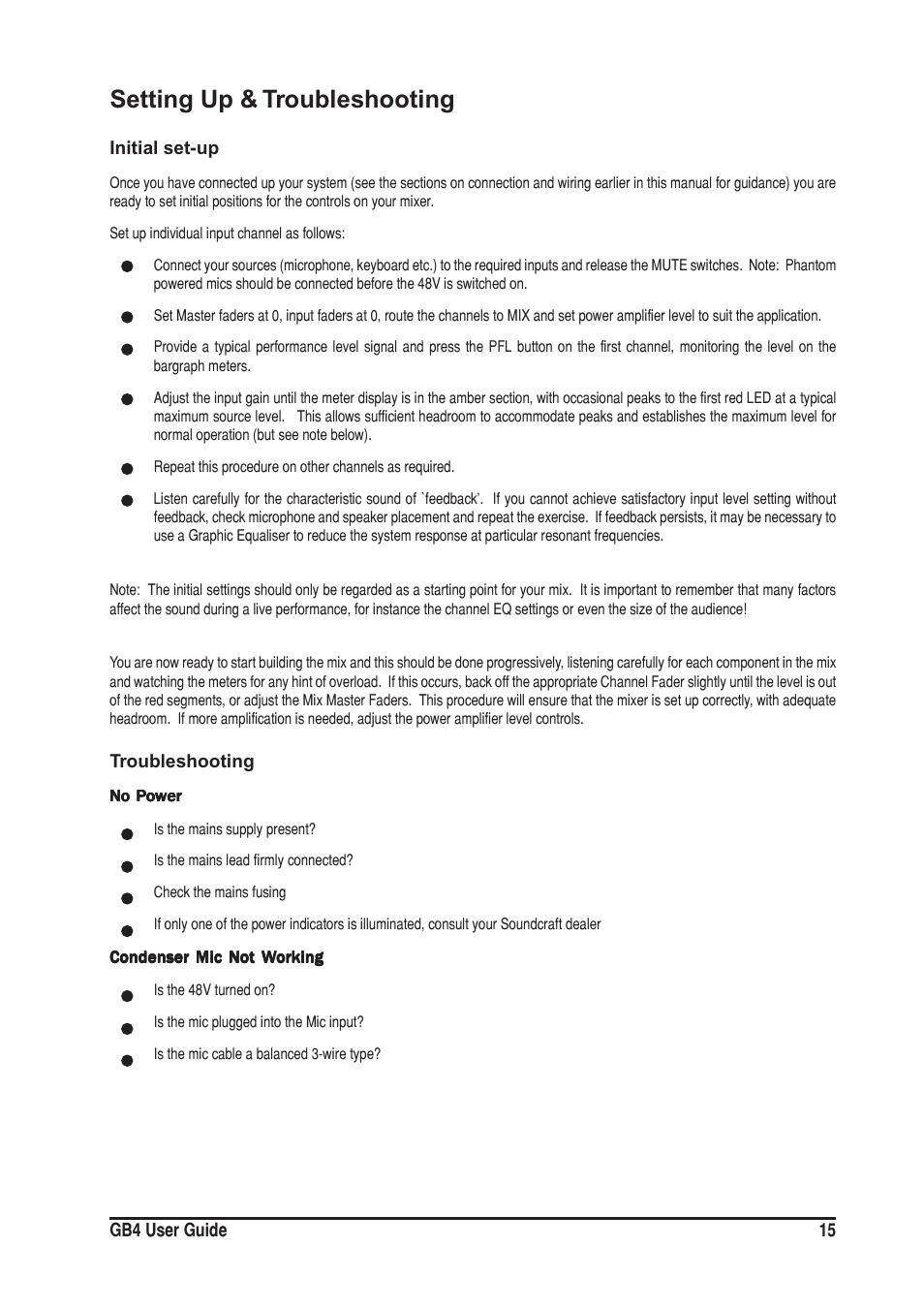 Setting up & troubleshooting | SoundCraft GB4 User Manual | Page 15 / 40