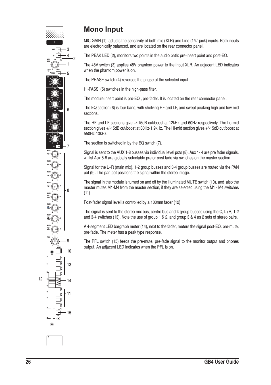 Mono input, 26 gb4 user guide | SoundCraft GB4 User Manual | Page 26 / 40