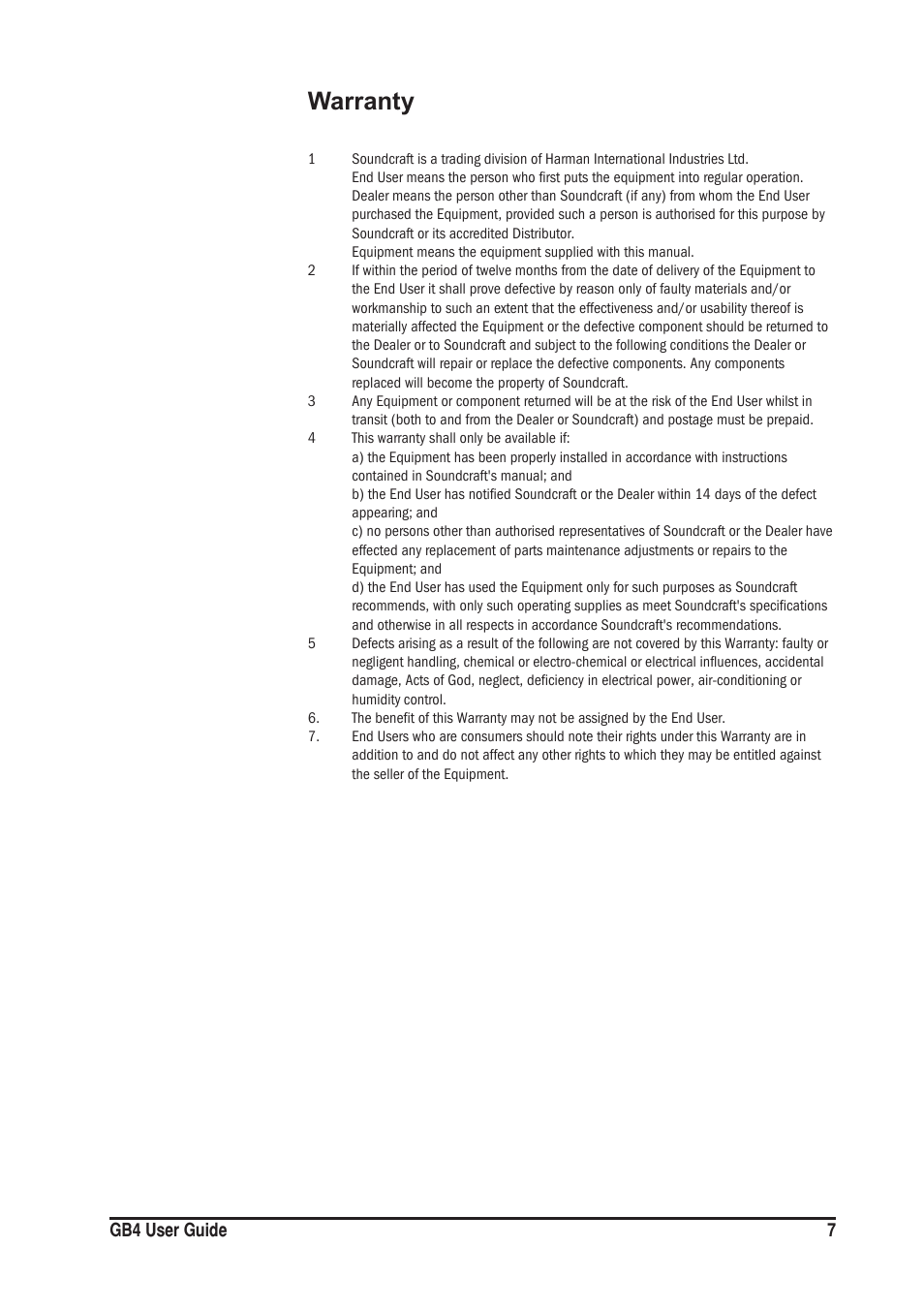 Warranty | SoundCraft GB4 User Manual | Page 7 / 40