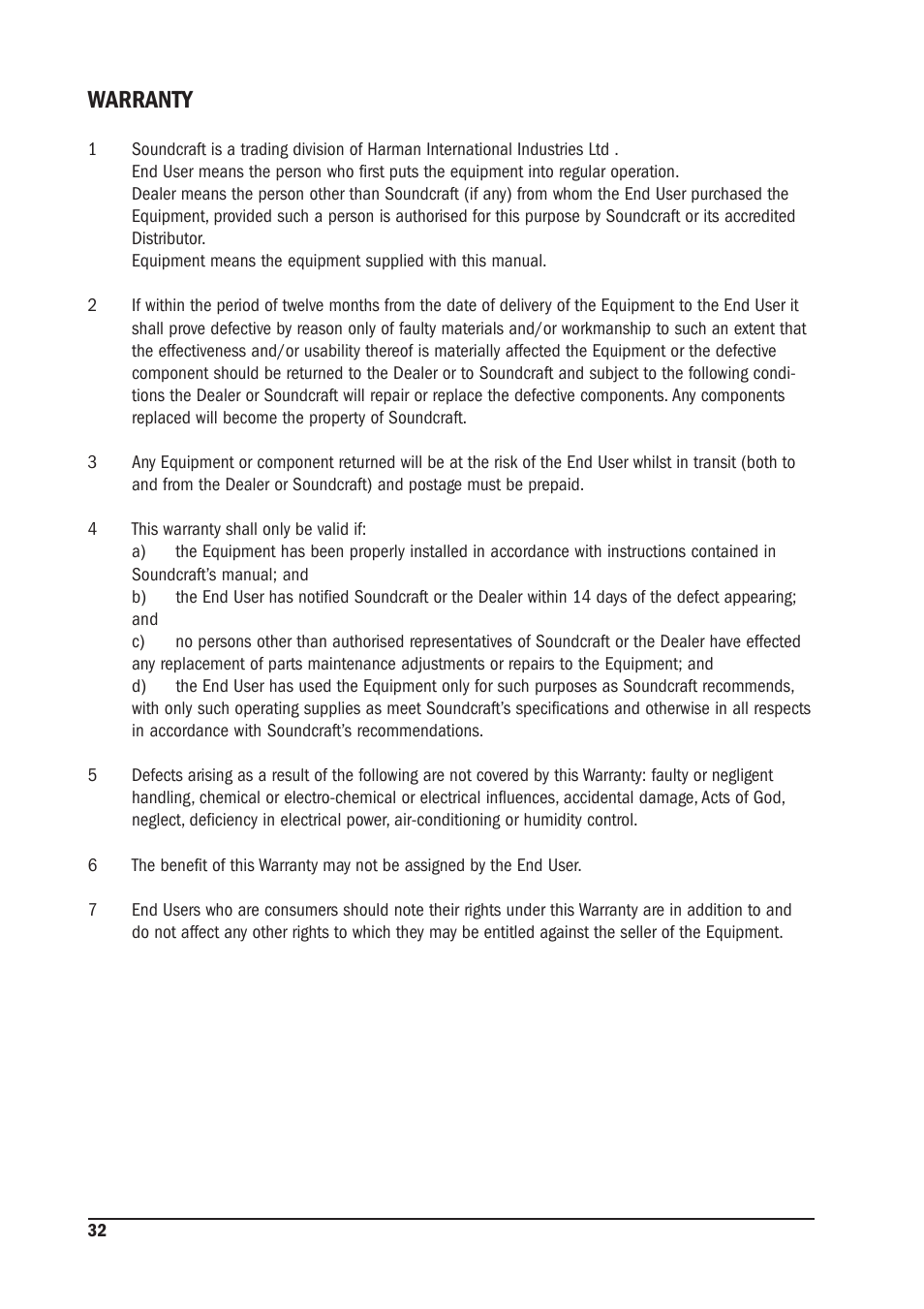 Warranty | SoundCraft MPM 20/2 User Manual | Page 32 / 32