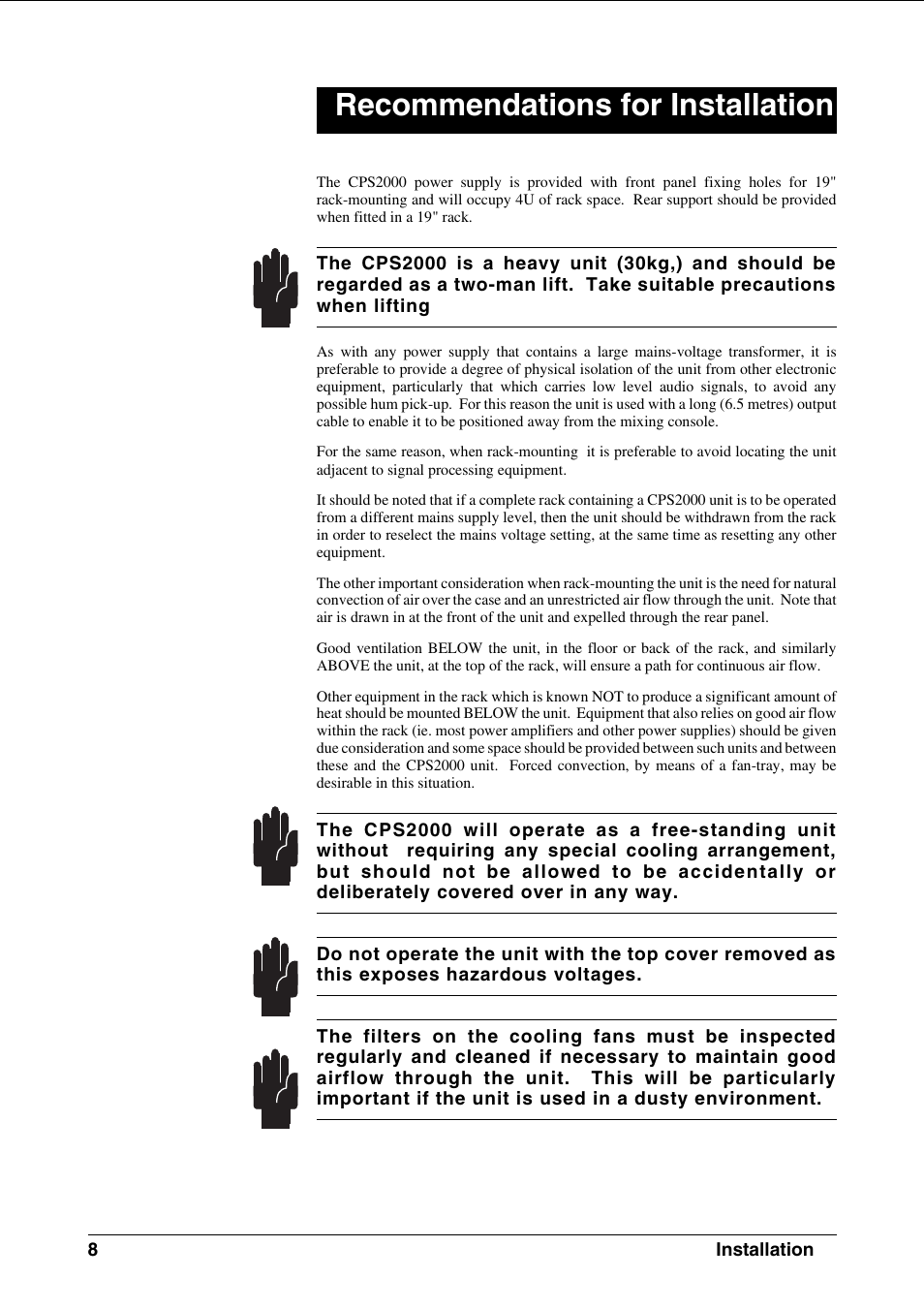 Recommendations for installation | SoundCraft CPS2000 User Manual | Page 12 / 52