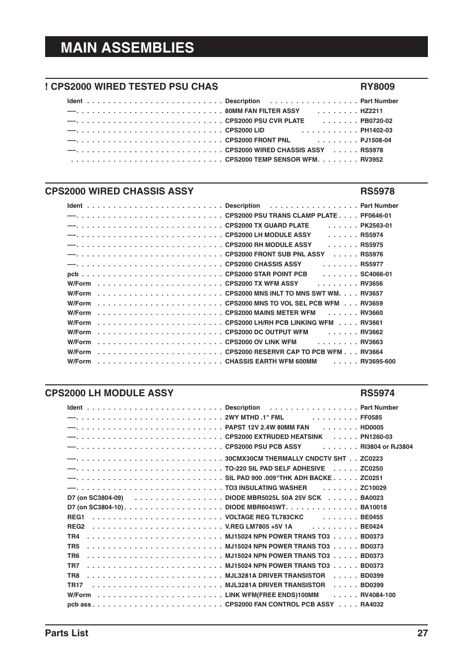 Main assemblies, Parts list 27 | SoundCraft CPS2000 User Manual | Page 31 / 52