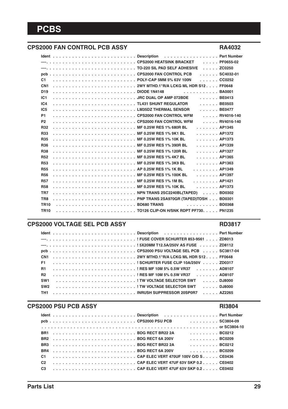 Pcbs, Parts list 29 | SoundCraft CPS2000 User Manual | Page 33 / 52