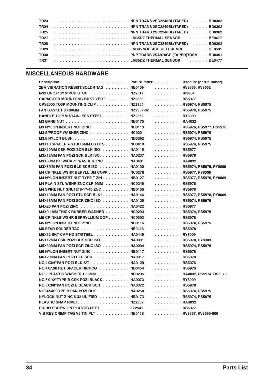 Miscellaneous hardware, 34 parts list | SoundCraft CPS2000 User Manual | Page 38 / 52