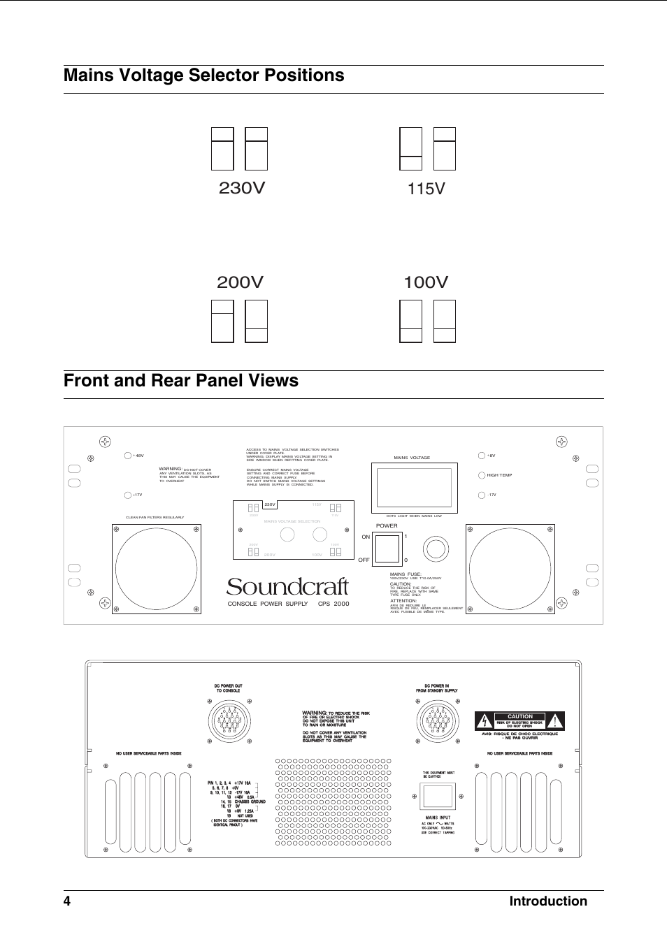 Mains voltage selector positions, Front and rear panel views, 4introduction | SoundCraft CPS2000 User Manual | Page 8 / 52