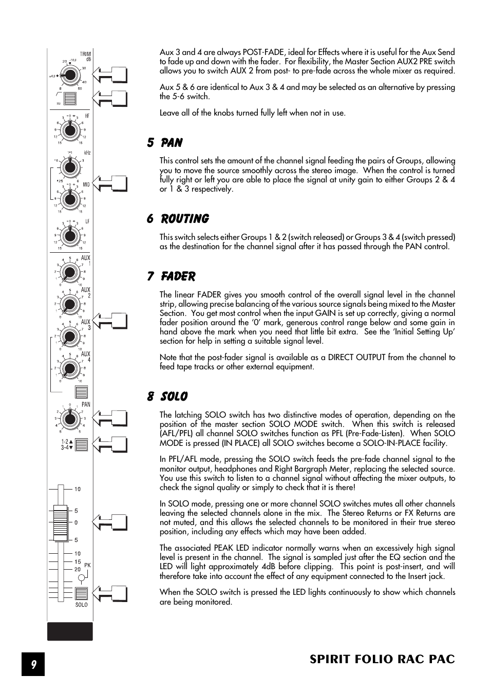 Spirit folio rac pac, 5 pan, 6 routing | 7 fader, 8 solo | SoundCraft Spirit Folio Rac Pac User Manual | Page 10 / 23