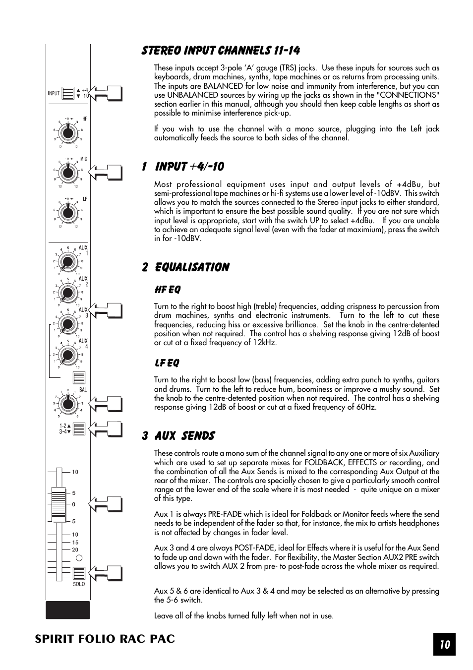 Spirit folio rac pac, Stereo input channels 11-14, 1 input +4/-10 | 2 equalisation, 3 aux sends | SoundCraft Spirit Folio Rac Pac User Manual | Page 11 / 23