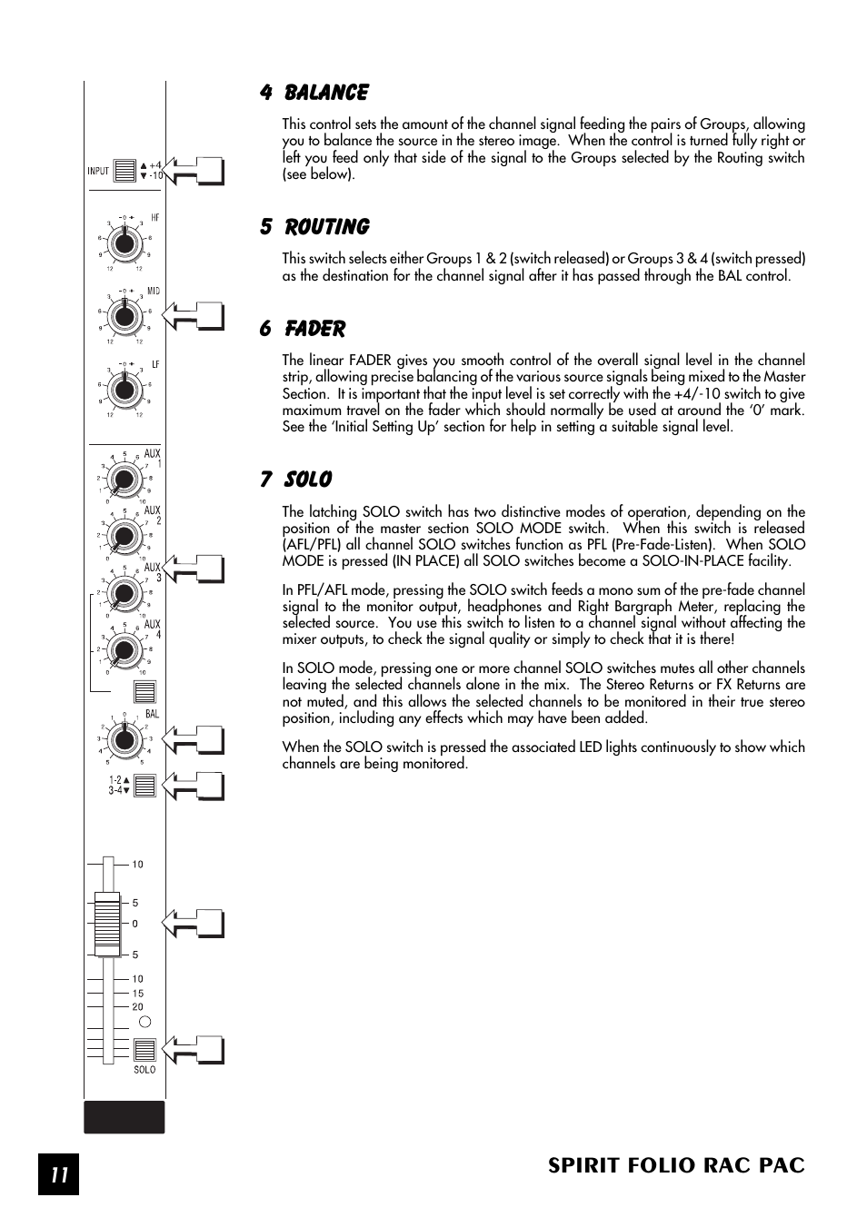 Spirit folio rac pac, 4 balance, 5 routing | 6 fader, 7 solo | SoundCraft Spirit Folio Rac Pac User Manual | Page 12 / 23