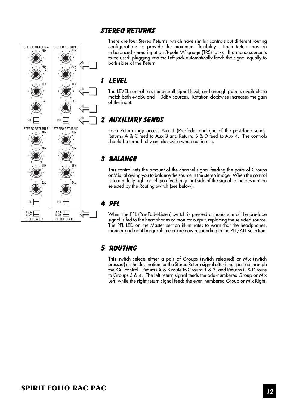 Spirit folio rac pac, Stereo returns, 1 level | 2 auxiliary sends, 3 balance, 4 pfl, 5 routing | SoundCraft Spirit Folio Rac Pac User Manual | Page 13 / 23