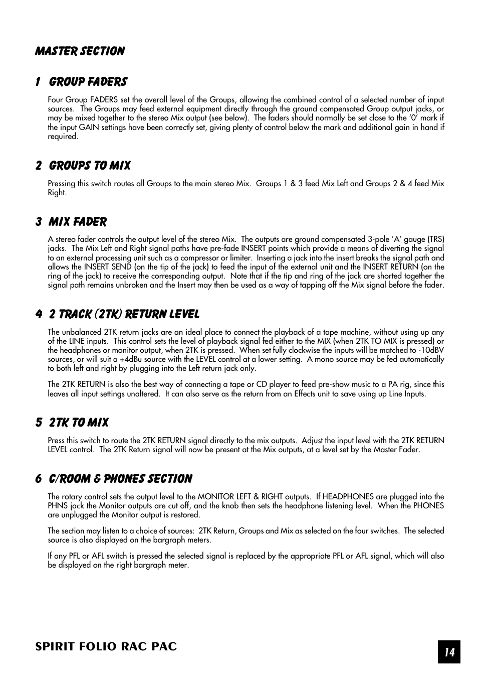 Spirit folio rac pac, 2 groups to mix, 3 mix fader | 4 2 track (2tk) return level, 5 2tk to mix | SoundCraft Spirit Folio Rac Pac User Manual | Page 15 / 23