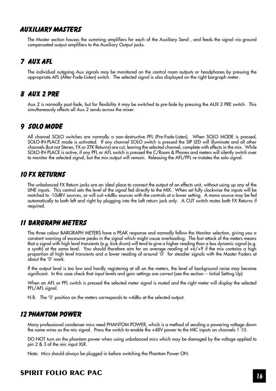 Spirit folio rac pac, Auxiliary masters, 7 aux afl | 8 aux 2 pre, 9 solo mode, 10 fx returns, 11 bargraph meters, 12 phantom power | SoundCraft Spirit Folio Rac Pac User Manual | Page 17 / 23