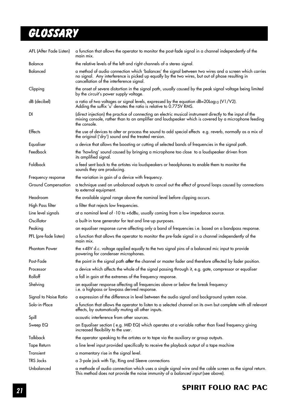 Glossary, Spirit folio rac pac | SoundCraft Spirit Folio Rac Pac User Manual | Page 22 / 23