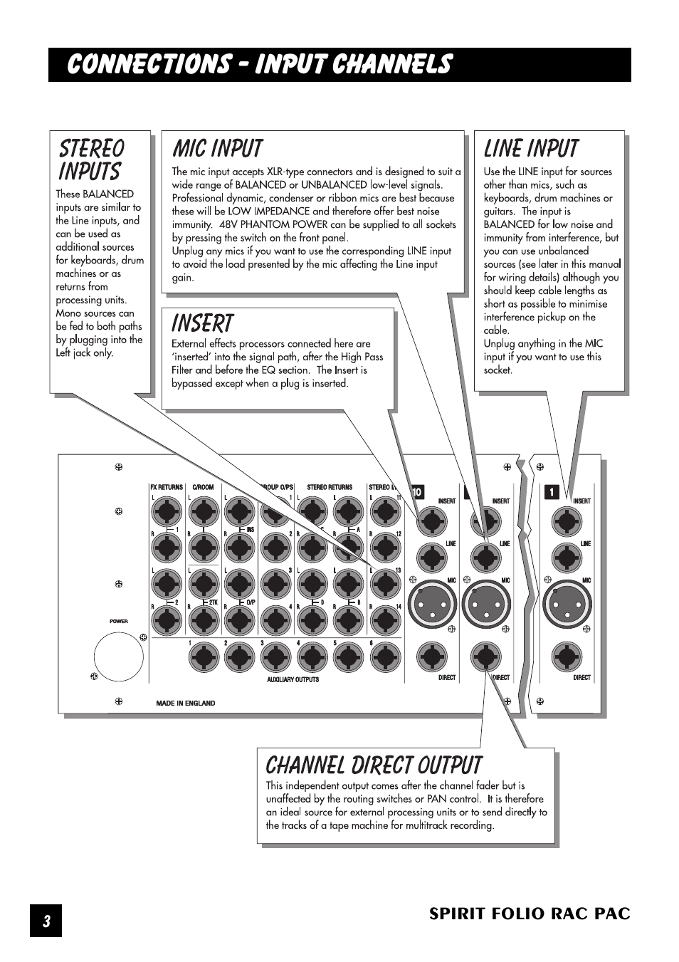 Connections - input channels | SoundCraft Spirit Folio Rac Pac User Manual | Page 4 / 23