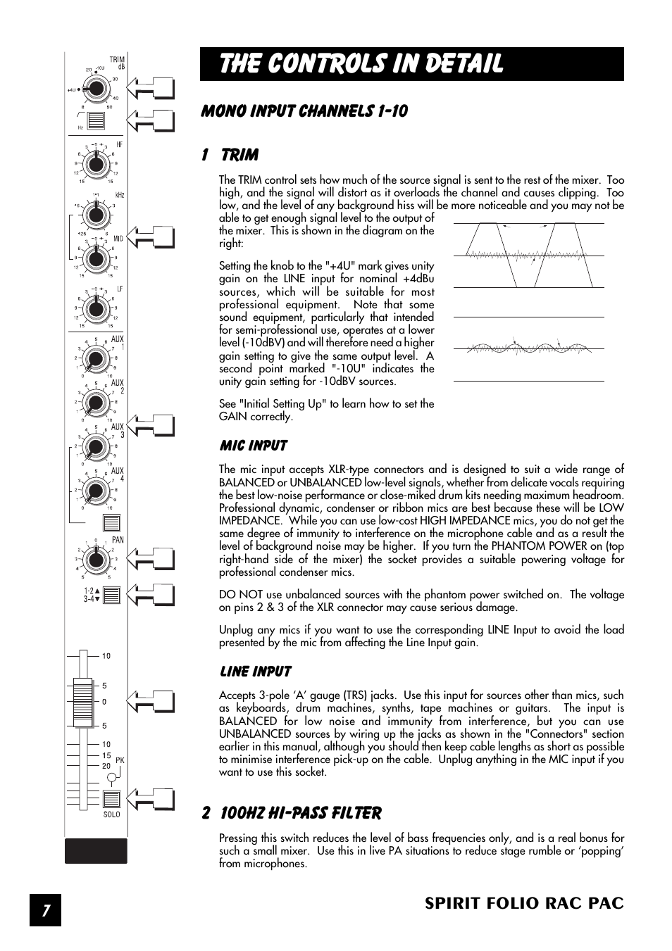 The controls in detail, Spirit folio rac pac, Mono input channels 1-10 1 trim | 2 100hz hi-pass filter, Mic input, Line input | SoundCraft Spirit Folio Rac Pac User Manual | Page 8 / 23