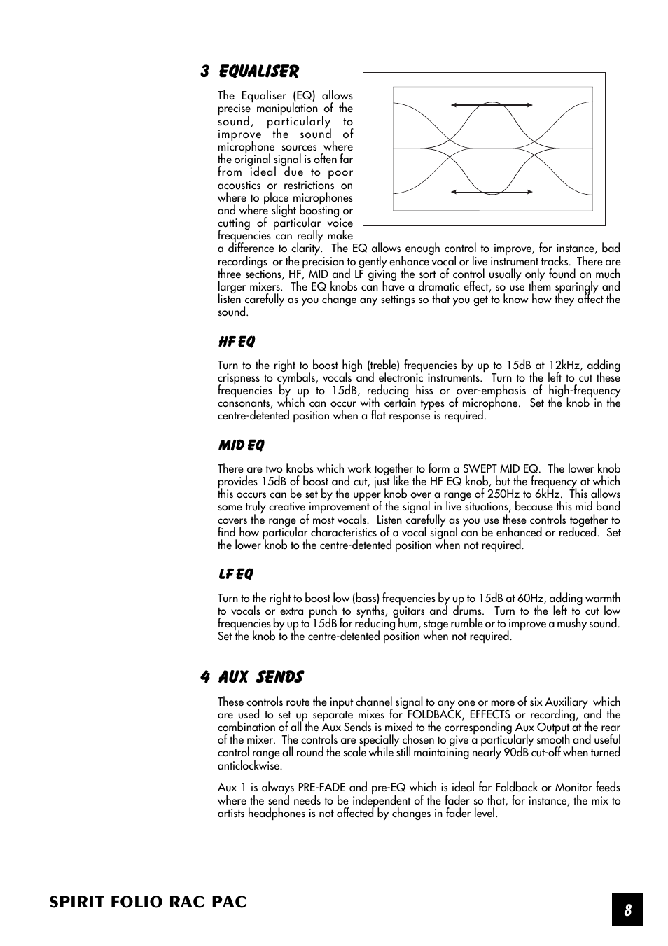 Spirit folio rac pac, 3 equaliser, 4 aux sends | Hf eq, Mid eq, Lf eq | SoundCraft Spirit Folio Rac Pac User Manual | Page 9 / 23