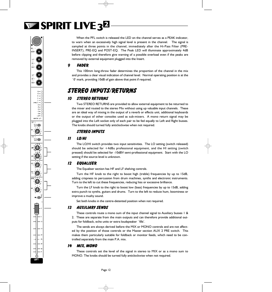 Stereo inputs/returns | SoundCraft Spirit Live 3-2 User Manual | Page 14 / 32