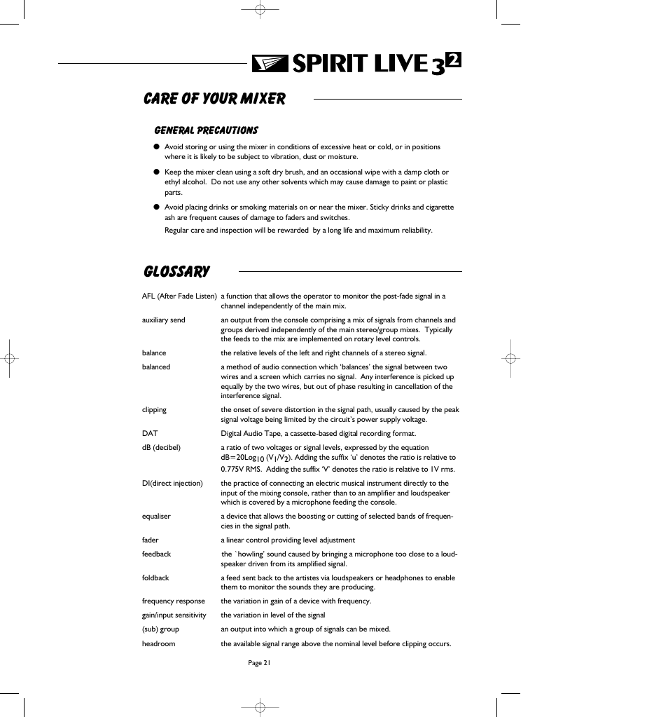 Care of your mixer, Glossary | SoundCraft Spirit Live 3-2 User Manual | Page 23 / 32