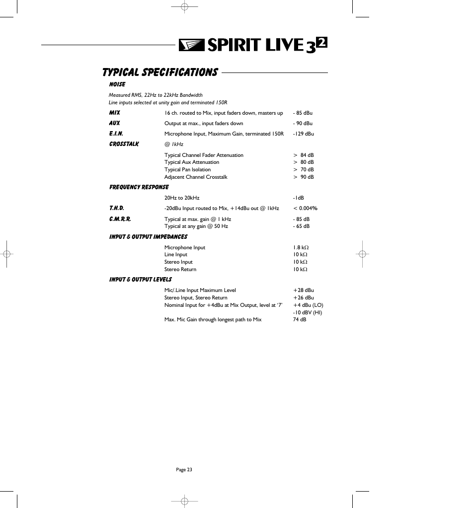 Typical specifications | SoundCraft Spirit Live 3-2 User Manual | Page 25 / 32