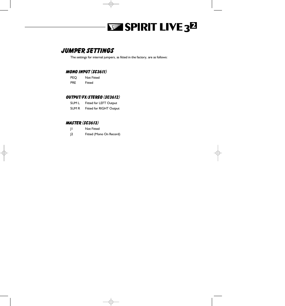 Jumper settings | SoundCraft Spirit Live 3-2 User Manual | Page 31 / 32