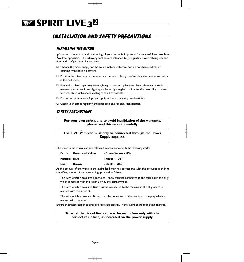 Installation and safety precautions | SoundCraft Spirit Live 3-2 User Manual | Page 6 / 32