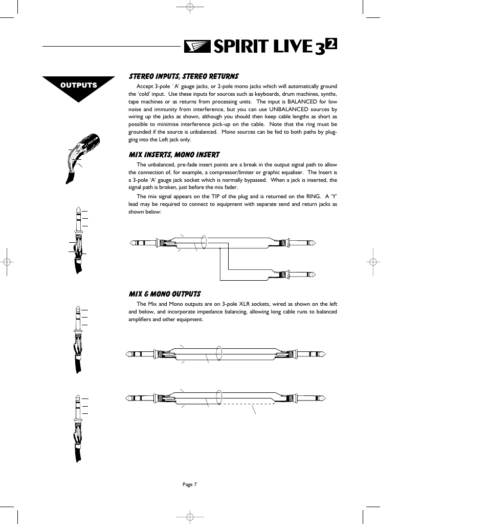 Stereo inputs, stereo returns, Mix inserts, mono insert, Mix & mono outputs | SoundCraft Spirit Live 3-2 User Manual | Page 9 / 32