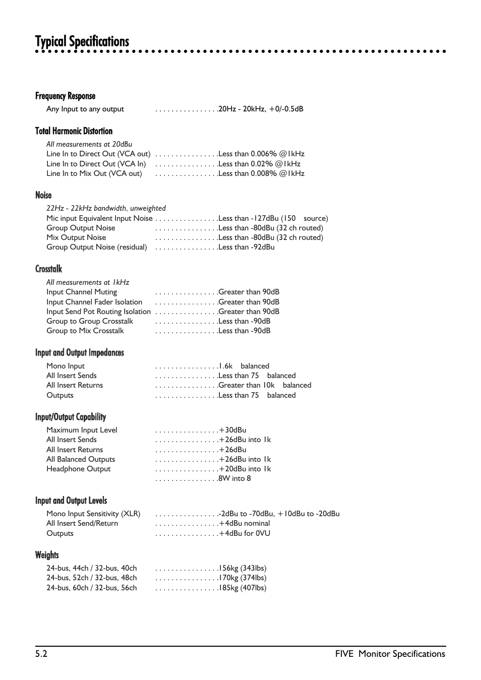 Ttyyppiiccaall ssppeecciiffiiccaattiioonnss | SoundCraft Five Monitor Series User Manual | Page 50 / 50