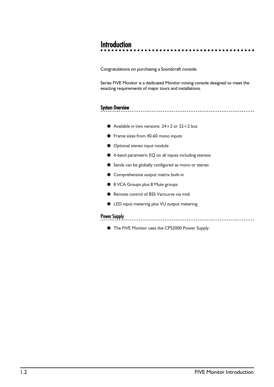 Iinnttrroodduuccttiioonn | SoundCraft Five Monitor Series User Manual | Page 6 / 50