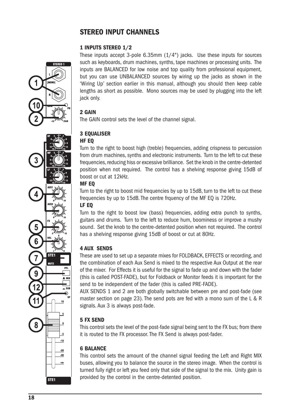 Stereo input channels | SoundCraft MFX User Manual | Page 18 / 48