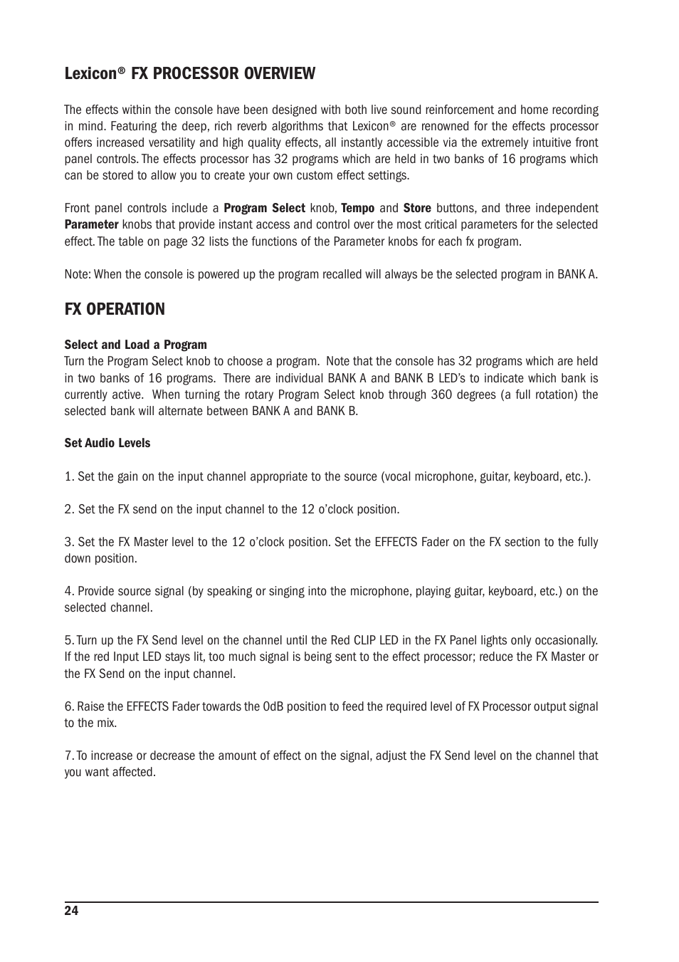 Lexicon® fx processor overview, Fx operation | SoundCraft MFX User Manual | Page 24 / 48