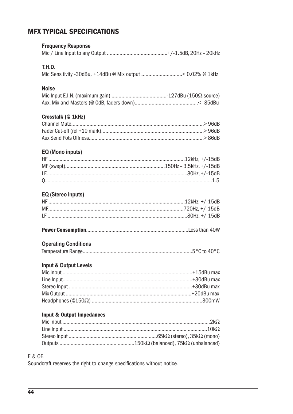 Mfx typical specifications | SoundCraft MFX User Manual | Page 44 / 48