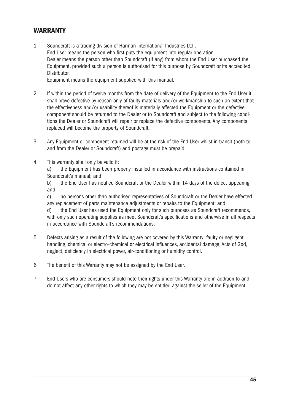 Warranty | SoundCraft MFX User Manual | Page 45 / 48