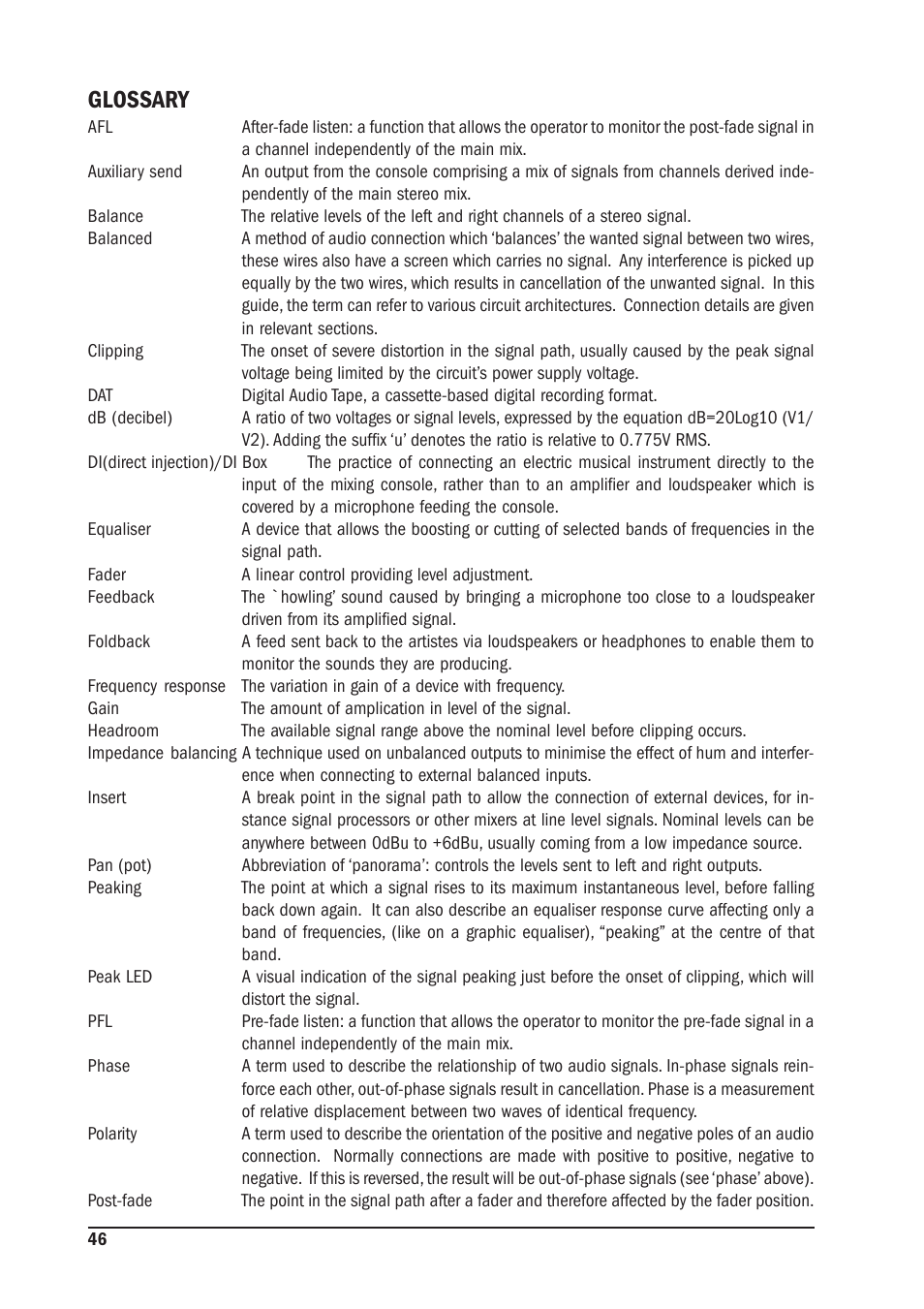 Glossary | SoundCraft MFX User Manual | Page 46 / 48