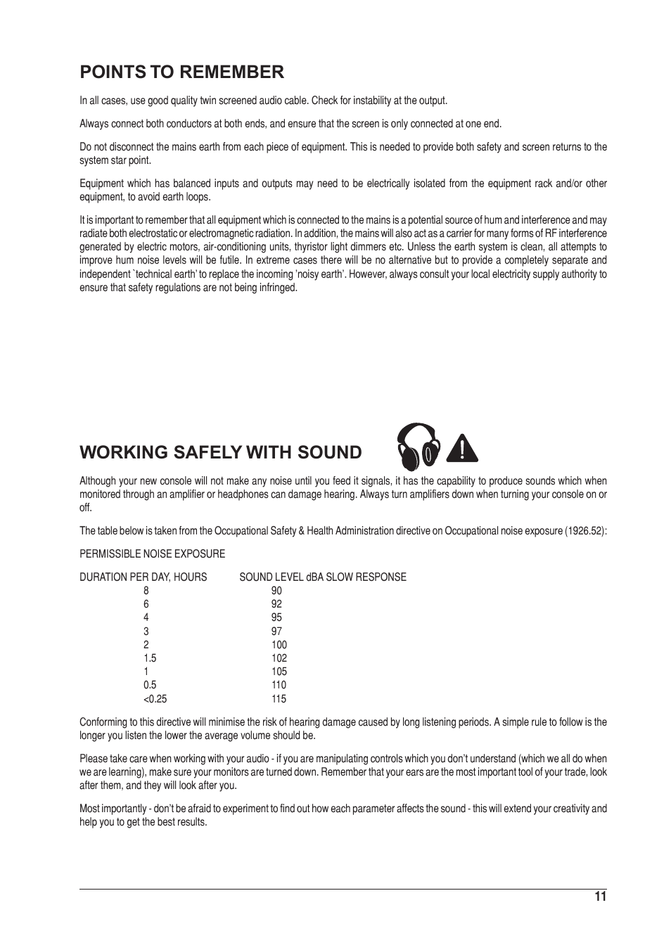 Points to remember, Working safely with sound | SoundCraft UREI 1601E User Manual | Page 11 / 56